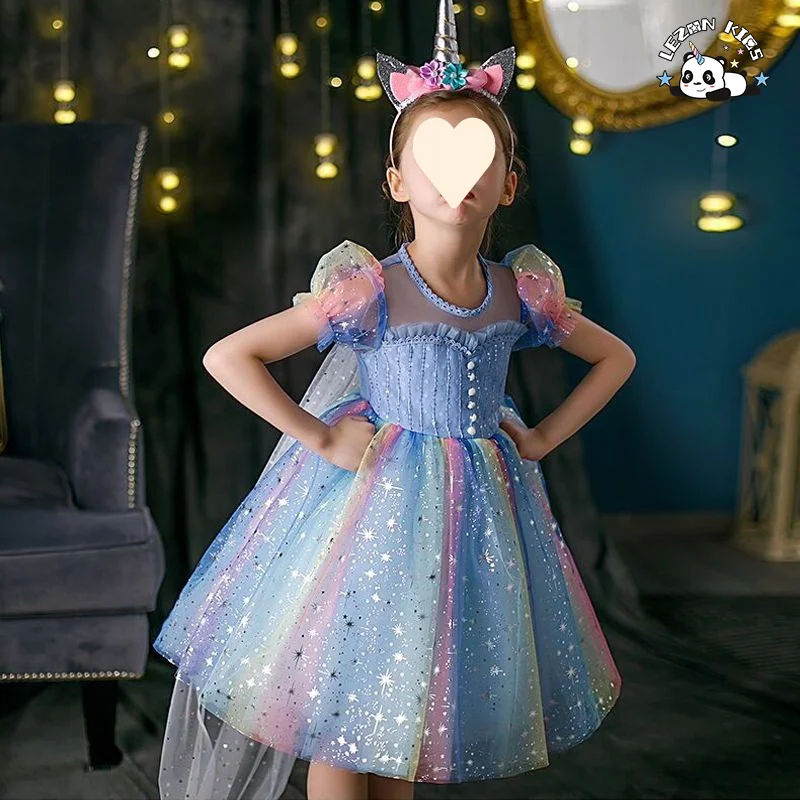 LEZONKIDS - Good Quality Short Puff Sleeve Rainbow princess girls dress summer sequined sparkly little girl dress